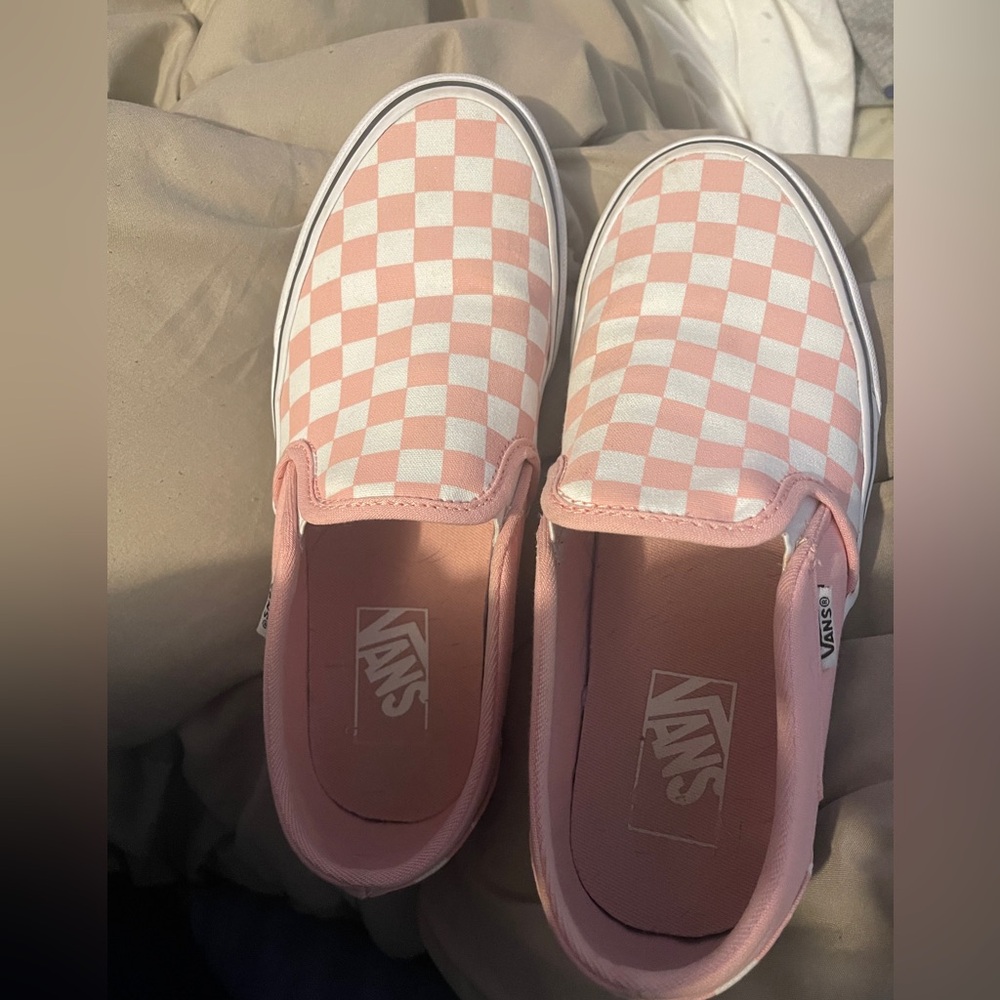 Pink and white checkerboard slip on vans